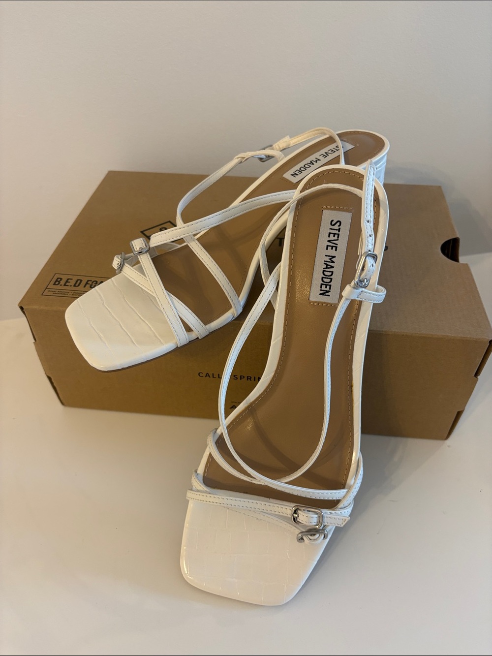 Steve Madden White Croc-Embossed Strappy Heeled Sandals